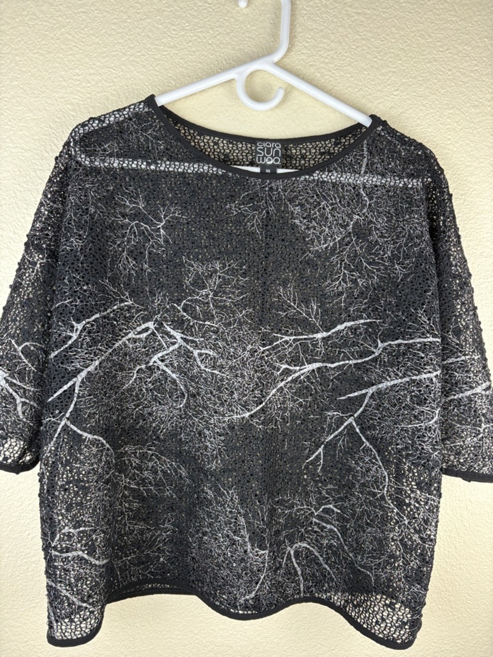 Clara Sun Woo Boxy Crop Top 3/4 Sleeve Cover Up SEQUINS Black Mesh XS